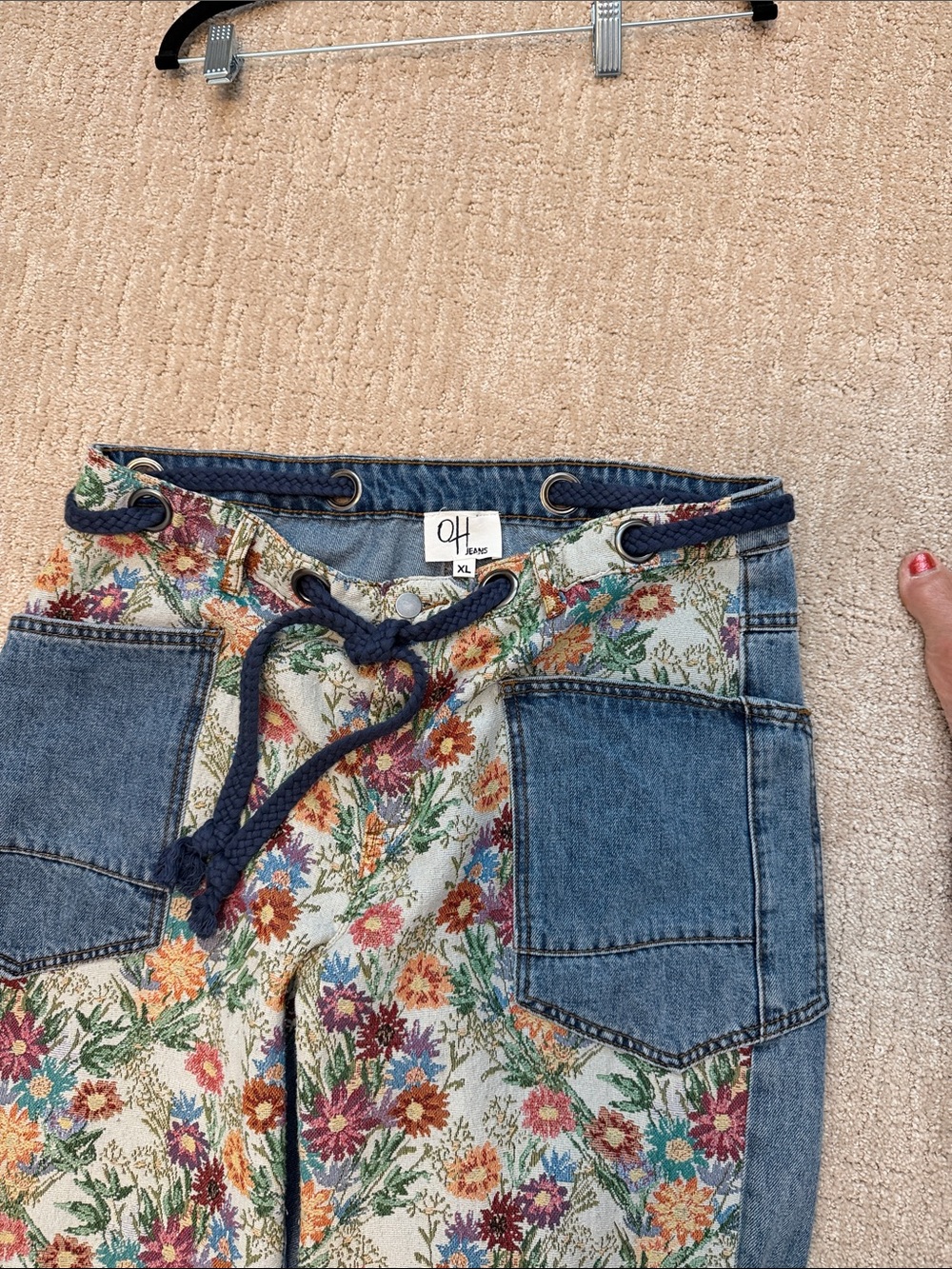 Oli & Hali Multicolor Floral Barrel Jeans with Navy Drawstring